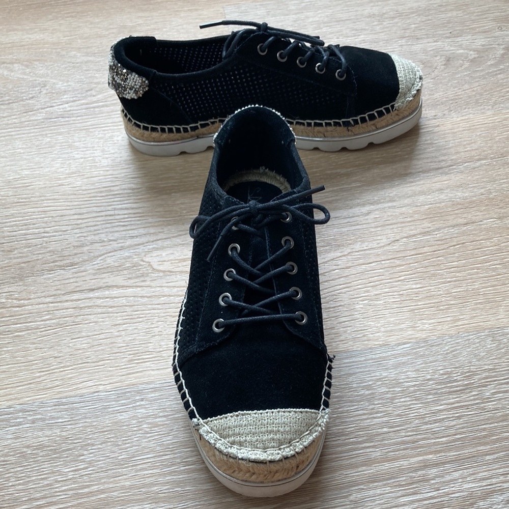 Black laser cut suede espadrille sneakers with embellishment